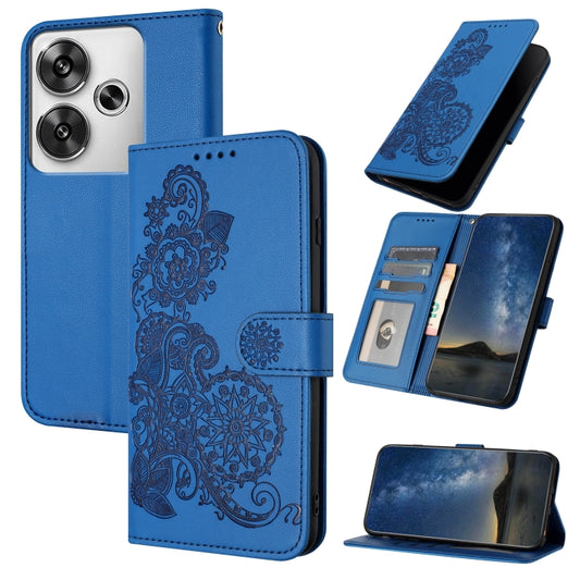 Datura Flower Embossed Flip Leather Phone Case, For Redmi Turbo 3 / Poco F6, For Redmi Note 13R Pro / Poco X6 Neo, For Redmi Note 12 Turbo / Poco F5