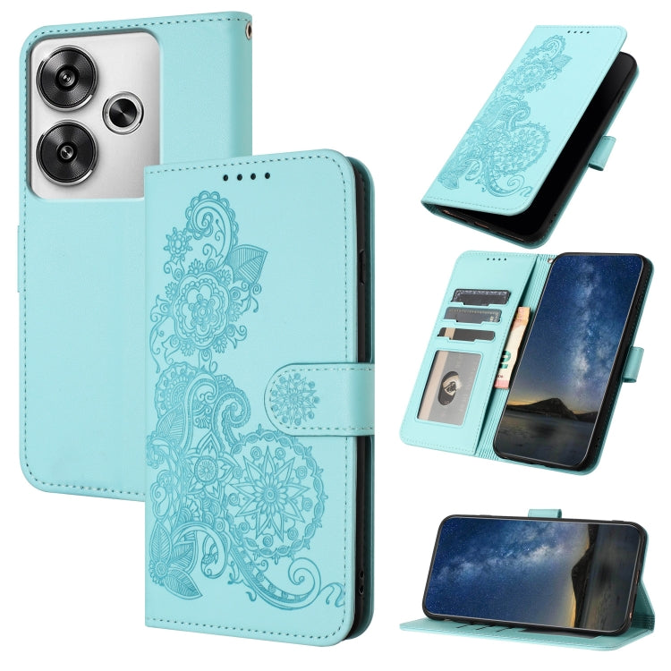 Datura Flower Embossed Flip Leather Phone Case, For Redmi Turbo 3 / Poco F6, For Redmi Note 13R Pro / Poco X6 Neo, For Redmi Note 12 Turbo / Poco F5