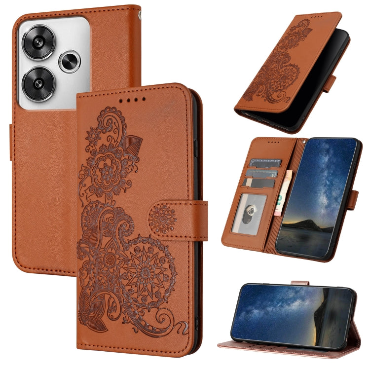 Datura Flower Embossed Flip Leather Phone Case, For Redmi Turbo 3 / Poco F6, For Redmi Note 13R Pro / Poco X6 Neo, For Redmi Note 12 Turbo / Poco F5