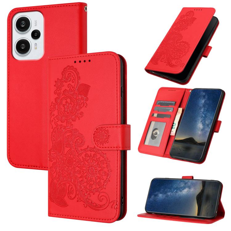 Datura Flower Embossed Flip Leather Phone Case, For Redmi Turbo 3 / Poco F6, For Redmi Note 13R Pro / Poco X6 Neo, For Redmi Note 12 Turbo / Poco F5