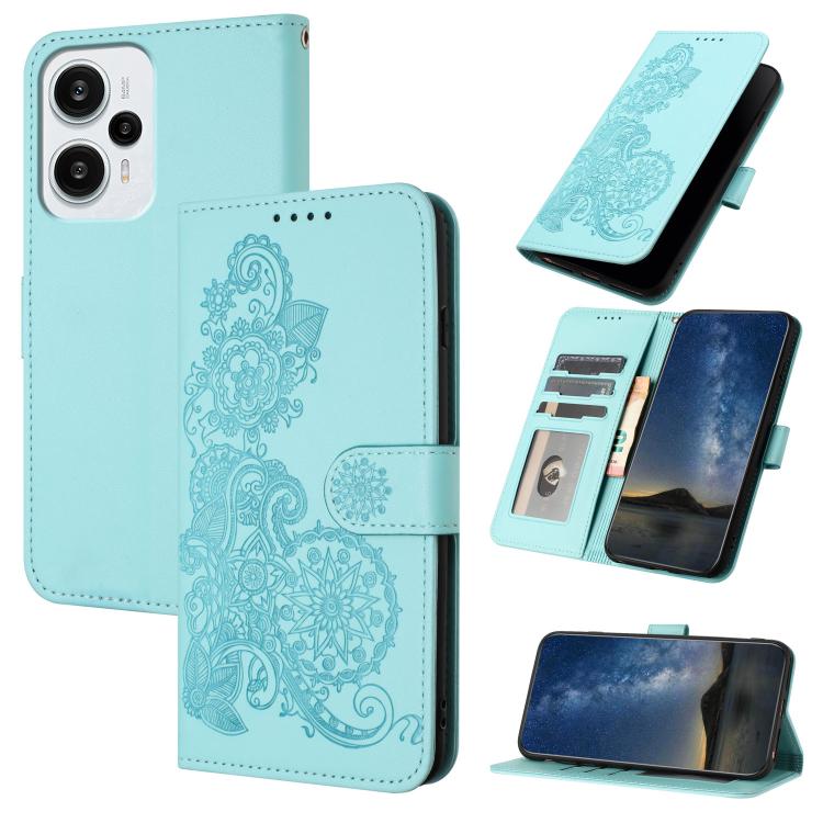 Datura Flower Embossed Flip Leather Phone Case, For Redmi Turbo 3 / Poco F6, For Redmi Note 13R Pro / Poco X6 Neo, For Redmi Note 12 Turbo / Poco F5