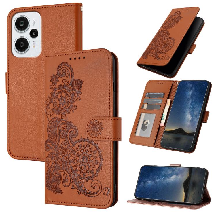 Datura Flower Embossed Flip Leather Phone Case, For Redmi Turbo 3 / Poco F6, For Redmi Note 13R Pro / Poco X6 Neo, For Redmi Note 12 Turbo / Poco F5