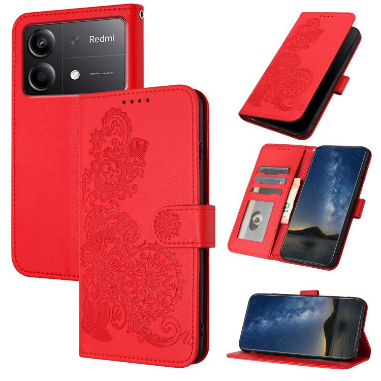 Datura Flower Embossed Flip Leather Phone Case, For Redmi Turbo 3 / Poco F6, For Redmi Note 13R Pro / Poco X6 Neo, For Redmi Note 12 Turbo / Poco F5