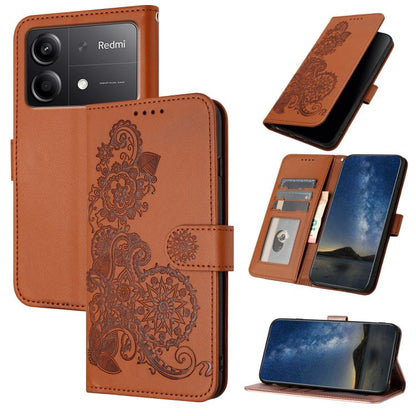Datura Flower Embossed Flip Leather Phone Case, For Redmi Turbo 3 / Poco F6, For Redmi Note 13R Pro / Poco X6 Neo, For Redmi Note 12 Turbo / Poco F5