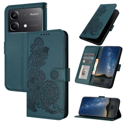 Datura Flower Embossed Flip Leather Phone Case, For Redmi Turbo 3 / Poco F6, For Redmi Note 13R Pro / Poco X6 Neo, For Redmi Note 12 Turbo / Poco F5