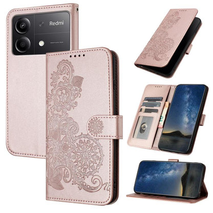 Datura Flower Embossed Flip Leather Phone Case, For Redmi Turbo 3 / Poco F6, For Redmi Note 13R Pro / Poco X6 Neo, For Redmi Note 12 Turbo / Poco F5