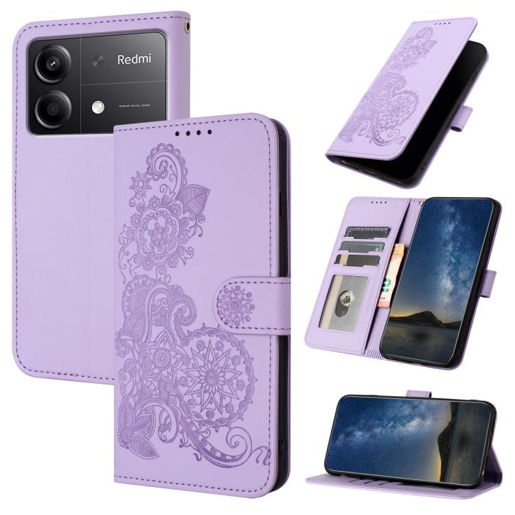Datura Flower Embossed Flip Leather Phone Case, For Redmi Turbo 3 / Poco F6, For Redmi Note 13R Pro / Poco X6 Neo, For Redmi Note 12 Turbo / Poco F5