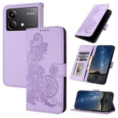 Datura Flower Embossed Flip Leather Phone Case, For Redmi Turbo 3 / Poco F6, For Redmi Note 13R Pro / Poco X6 Neo, For Redmi Note 12 Turbo / Poco F5