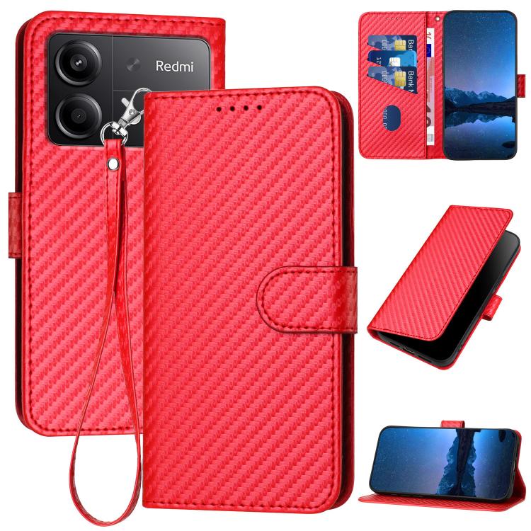 YX0070 Carbon Fiber Buckle Leather Phone Case with Lanyard, For Redmi 13 4G, For Redmi Turbo 3 / Xiaomi Poco F6, For Redmi Note 13R Pro / Xiaomi Poco X6 Neo