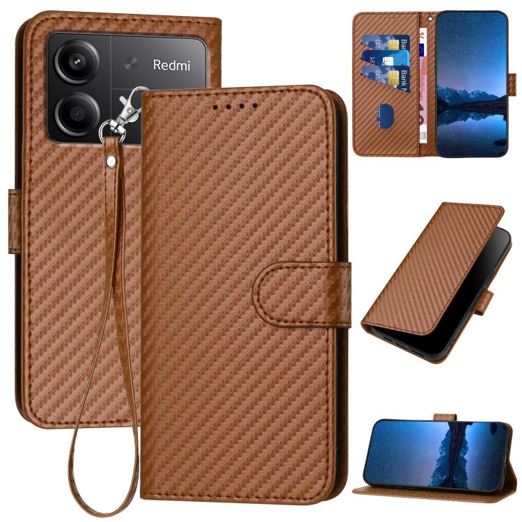 YX0070 Carbon Fiber Buckle Leather Phone Case with Lanyard, For Redmi 13 4G, For Redmi Turbo 3 / Xiaomi Poco F6, For Redmi Note 13R Pro / Xiaomi Poco X6 Neo