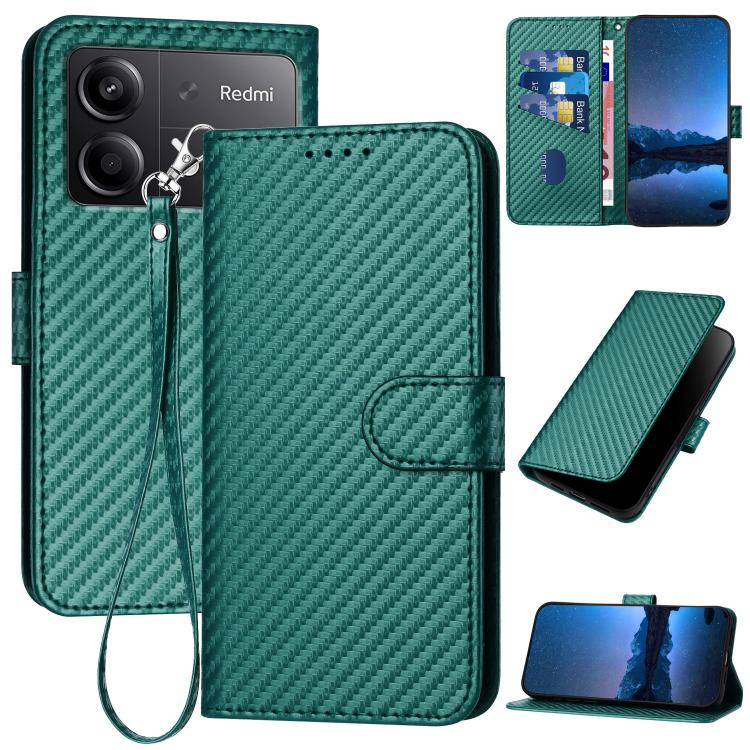 YX0070 Carbon Fiber Buckle Leather Phone Case with Lanyard, For Redmi 13 4G, For Redmi Turbo 3 / Xiaomi Poco F6, For Redmi Note 13R Pro / Xiaomi Poco X6 Neo