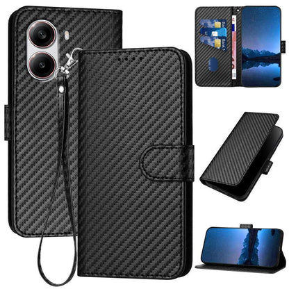 YX0070 Carbon Fiber Buckle Leather Phone Case with Lanyard, For Redmi Note 14 4G 164.84mm, For Redmi Turbo 4 / Poco X7 Pro, For Redmi Note 14 Pro 4G