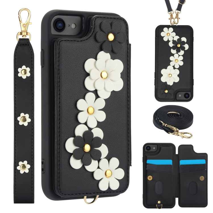 Crossbody Flower Pattern Leather Phone Case, For iPhone SE 2022 / SE 2020, For iPhone 13 Pro Max, For iPhone 13 Pro, For iPhone 12 / 12 Pro