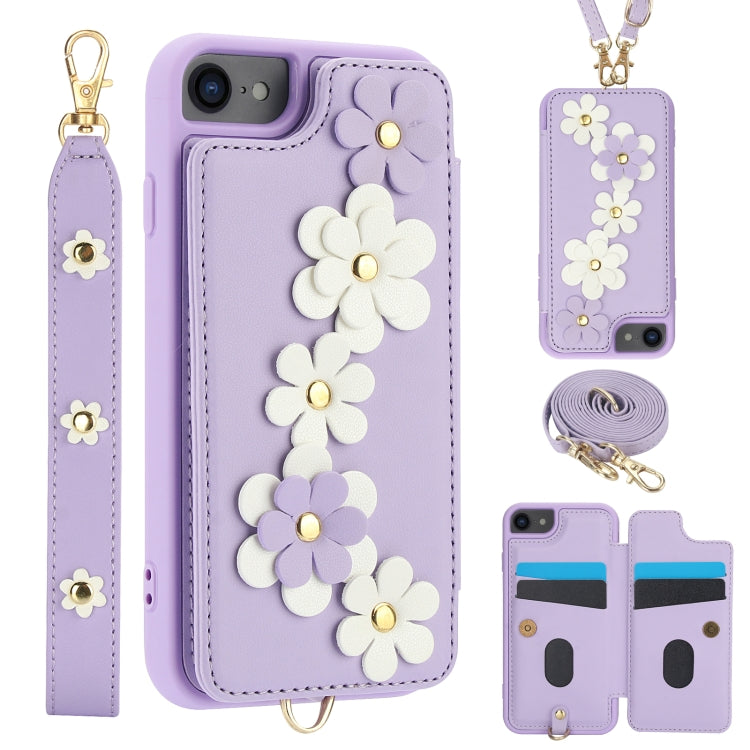 Crossbody Flower Pattern Leather Phone Case, For iPhone SE 2022 / SE 2020, For iPhone 13 Pro Max, For iPhone 13 Pro, For iPhone 12 / 12 Pro