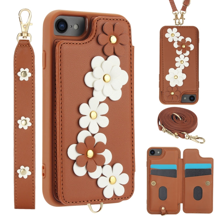 Crossbody Flower Pattern Leather Phone Case, For iPhone SE 2022 / SE 2020, For iPhone 13 Pro Max, For iPhone 13 Pro, For iPhone 12 / 12 Pro