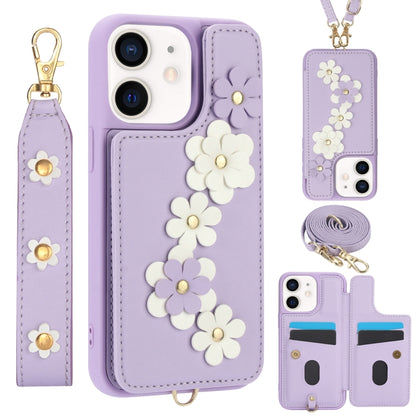 Crossbody Flower Pattern Leather Phone Case, For iPhone SE 2022 / SE 2020, For iPhone 13 Pro Max, For iPhone 13 Pro, For iPhone 12 / 12 Pro