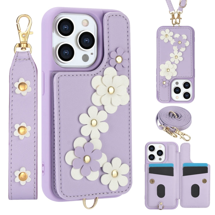 Crossbody Flower Pattern Leather Phone Case, For iPhone 15, For iPhone 14 / 13, For iPhone 14 Pro, For iPhone 14 Pro Max