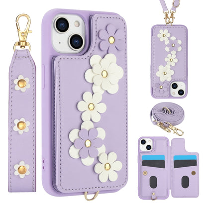 Crossbody Flower Pattern Leather Phone Case, For iPhone 15, For iPhone 14 / 13, For iPhone 14 Pro, For iPhone 14 Pro Max
