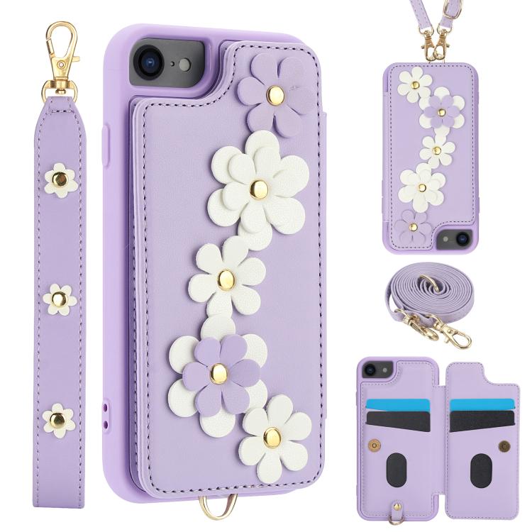 Crossbody Flower Pattern Leather Phone Case, For iPhone 17e / 16e, For iPhone 17 Pro Max, For iPhone 17 Pro, For iPhone 17