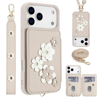 Crossbody Flower Pattern Leather Phone Case, For iPhone 17e / 16e, For iPhone 17 Pro Max, For iPhone 17 Pro, For iPhone 17
