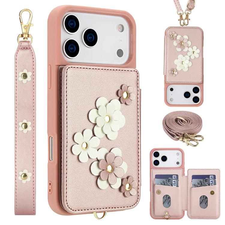 Crossbody Flower Pattern Leather Phone Case, For iPhone 17e / 16e, For iPhone 17 Pro Max, For iPhone 17 Pro, For iPhone 17