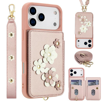 Crossbody Flower Pattern Leather Phone Case, For iPhone 17e / 16e, For iPhone 17 Pro Max, For iPhone 17 Pro, For iPhone 17