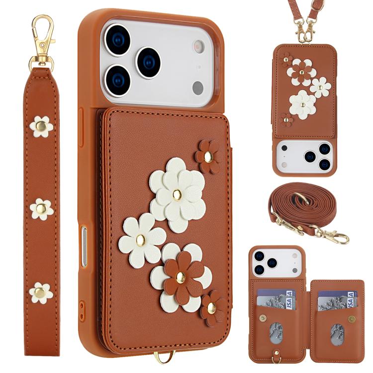 Crossbody Flower Pattern Leather Phone Case, For iPhone 17e / 16e, For iPhone 17 Pro Max, For iPhone 17 Pro, For iPhone 17