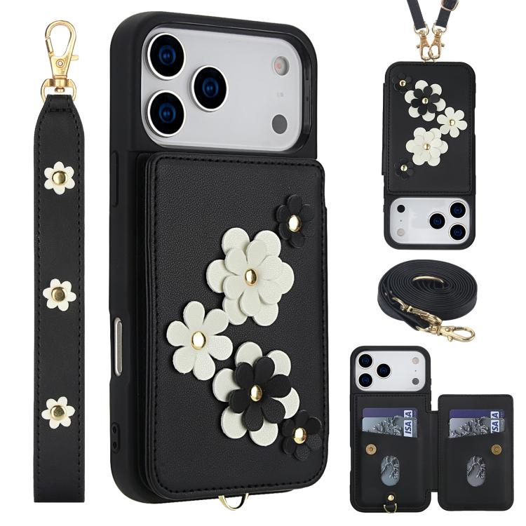 Crossbody Flower Pattern Leather Phone Case, For iPhone 17e / 16e, For iPhone 17 Pro Max, For iPhone 17 Pro, For iPhone 17