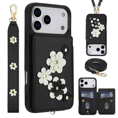 Crossbody Flower Pattern Leather Phone Case, For iPhone 17e / 16e, For iPhone 17 Pro Max, For iPhone 17 Pro, For iPhone 17