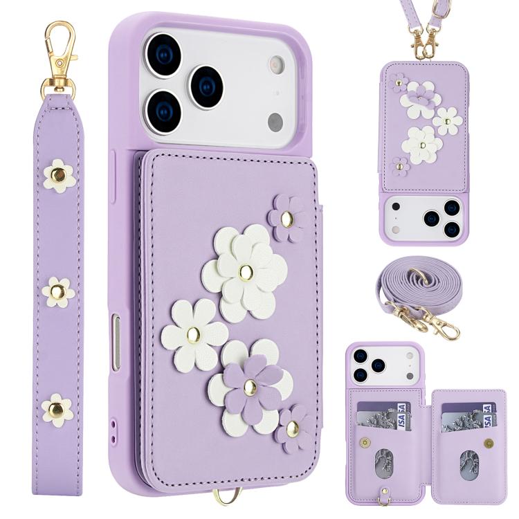 Crossbody Flower Pattern Leather Phone Case, For iPhone 17e / 16e, For iPhone 17 Pro Max, For iPhone 17 Pro, For iPhone 17