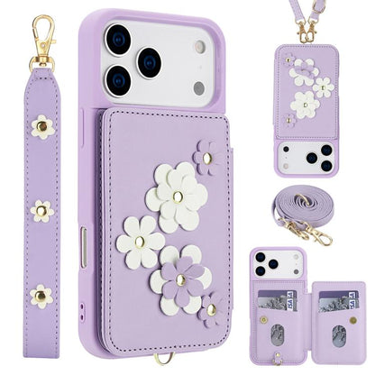 Crossbody Flower Pattern Leather Phone Case, For iPhone 17e / 16e, For iPhone 17 Pro Max, For iPhone 17 Pro, For iPhone 17