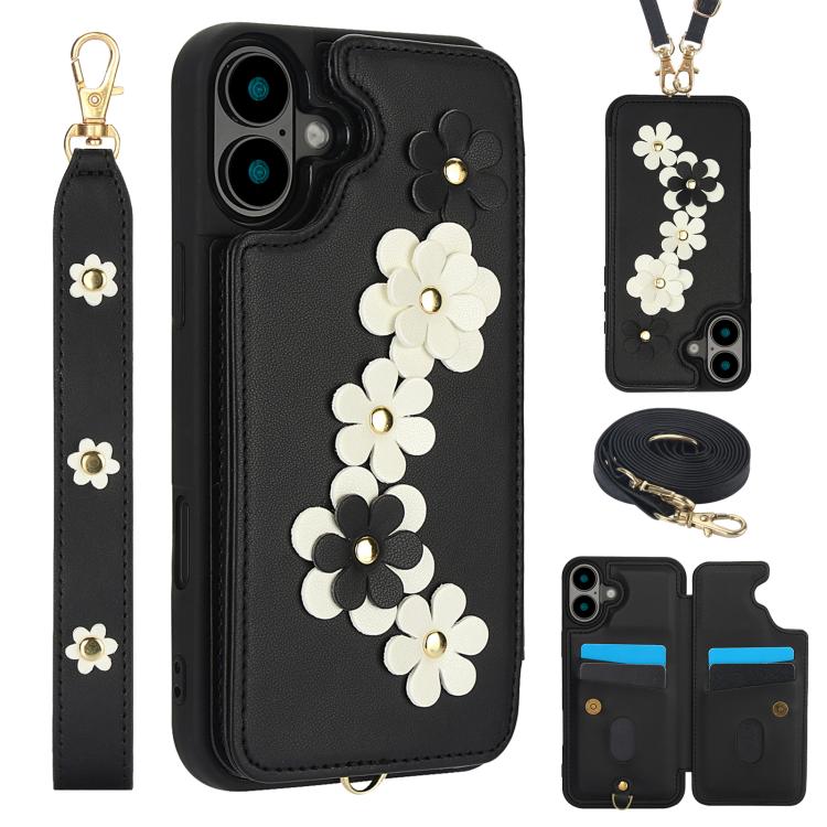 Crossbody Flower Pattern Leather Phone Case, For iPhone 17e / 16e, For iPhone 17 Pro Max, For iPhone 17 Pro, For iPhone 17