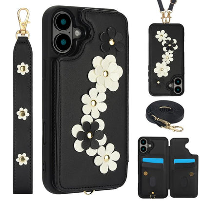 Crossbody Flower Pattern Leather Phone Case, For iPhone 17e / 16e, For iPhone 17 Pro Max, For iPhone 17 Pro, For iPhone 17