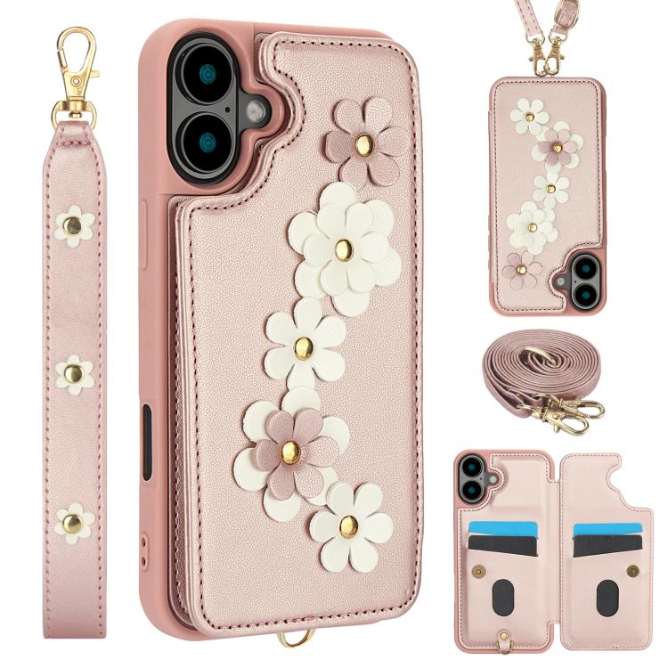 Crossbody Flower Pattern Leather Phone Case, For iPhone 17e / 16e, For iPhone 17 Pro Max, For iPhone 17 Pro, For iPhone 17