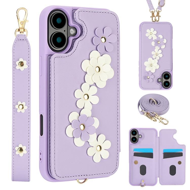 Crossbody Flower Pattern Leather Phone Case, For iPhone 17e / 16e, For iPhone 17 Pro Max, For iPhone 17 Pro, For iPhone 17