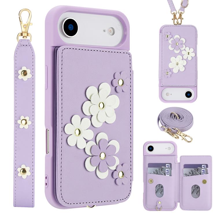 Crossbody Flower Pattern Leather Phone Case, For iPhone Air, For iPhone 15 Pro Max, For iPhone 15 Pro, For iPhone 15 Plus / 14 Plus