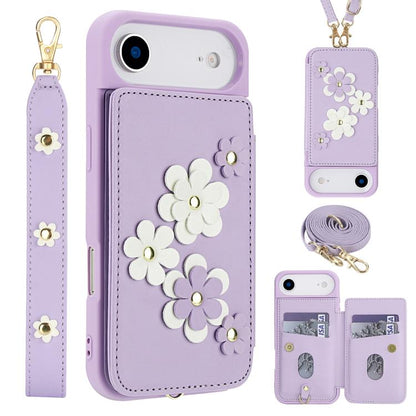 Crossbody Flower Pattern Leather Phone Case, For iPhone Air, For iPhone 15 Pro Max, For iPhone 15 Pro, For iPhone 15 Plus / 14 Plus