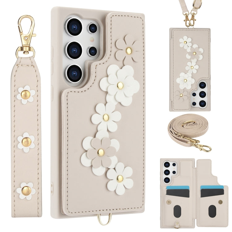 Crossbody Flower Pattern Leather Phone Case, For Samsung Galaxy S25+ 5G, For Samsung Galaxy S25 Ultra 5G, For Samsung Galaxy S24 Ultra 5G, For Samsung Galaxy S24+ 5G