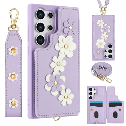 Crossbody Flower Pattern Leather Phone Case, For Samsung Galaxy S25+ 5G, For Samsung Galaxy S25 Ultra 5G, For Samsung Galaxy S24 Ultra 5G, For Samsung Galaxy S24+ 5G