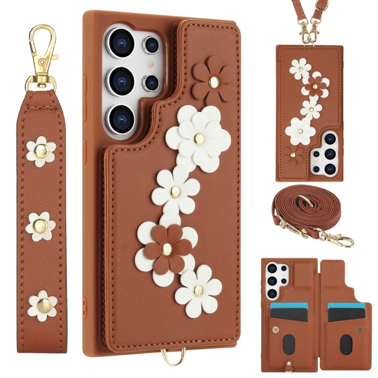 Crossbody Flower Pattern Leather Phone Case, For Samsung Galaxy S25+ 5G, For Samsung Galaxy S25 Ultra 5G, For Samsung Galaxy S24 Ultra 5G, For Samsung Galaxy S24+ 5G