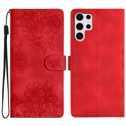 Cherry Blossom Butterfly Skin Feel Embossed PU Phone Case