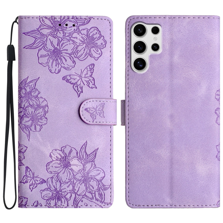 Cherry Blossom Butterfly Skin Feel Embossed PU Phone Case