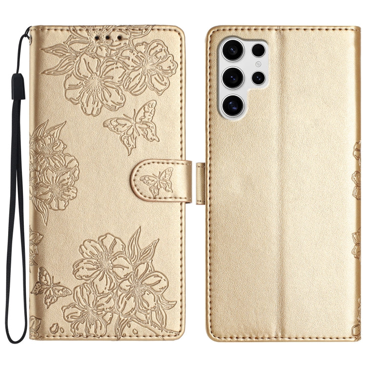 Cherry Blossom Butterfly Skin Feel Embossed PU Phone Case