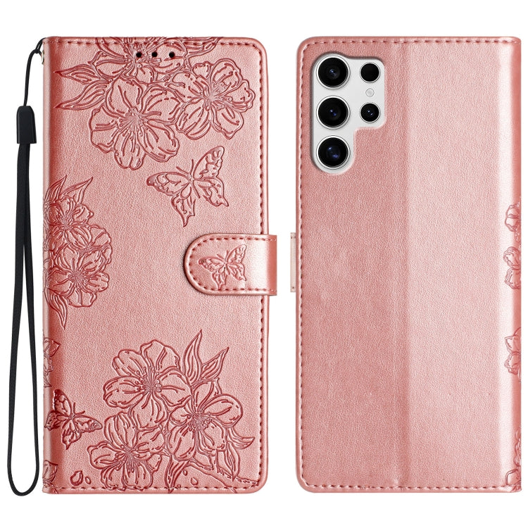 Cherry Blossom Butterfly Skin Feel Embossed PU Phone Case