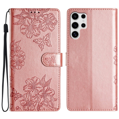 Cherry Blossom Butterfly Skin Feel Embossed PU Phone Case