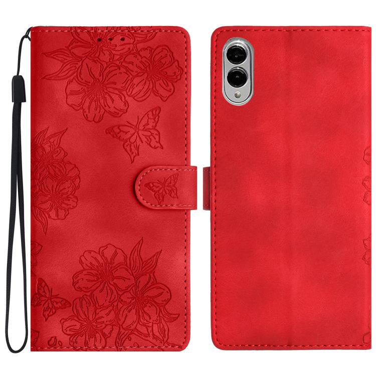 Cherry Blossom Butterfly Skin Feel Embossed PU Phone Case