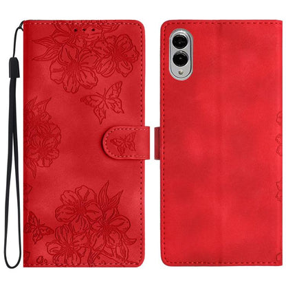 Cherry Blossom Butterfly Skin Feel Embossed PU Phone Case