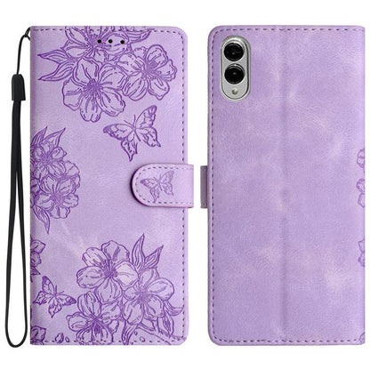 Cherry Blossom Butterfly Skin Feel Embossed PU Phone Case