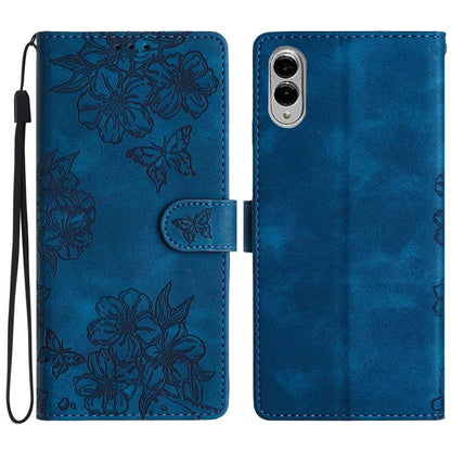 Cherry Blossom Butterfly Skin Feel Embossed PU Phone Case