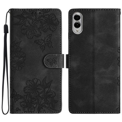 Cherry Blossom Butterfly Skin Feel Embossed PU Phone Case